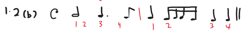 Answers to rhythm section for question 1.2a of ABRSM Grade 1 Online Music Theory 2020 sample paper B. Here, you'll need to draw the bar line for a given time signature.