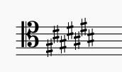 Key signature of A# minor in tenor clef. This is also the key signature of C# Major, the relative major key to A# minor.