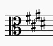 key signature of E Major in alto clef. This is also the key signature of C#  minor, a relative minor of E major.