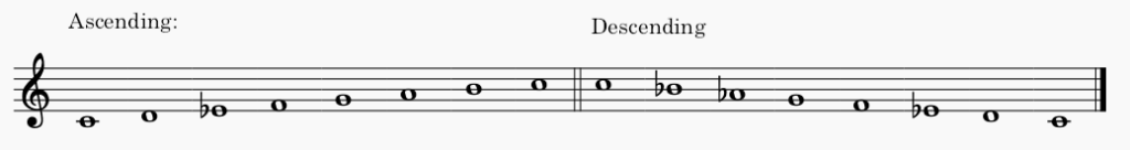 C minor melodic minor scale in treble clef - both ascending and descending scale.