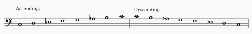 C minor harmonic minor scale in bass clef - both ascending and descending scale.