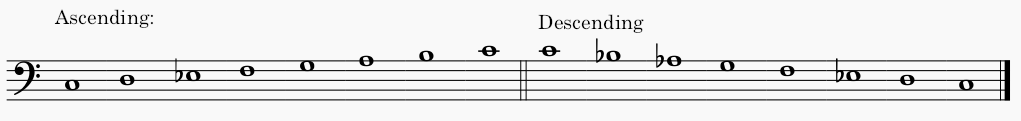 C minor melodic minor scale in bass clef - both ascending and descending scale.