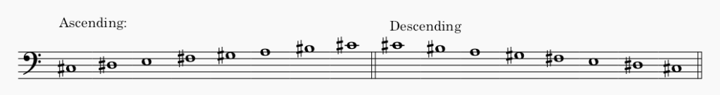 C# minor harmonic minor scale in bass clef - both ascending and descending scale.