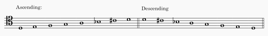 D minor harmonic minor scale in tenor clef - both ascending and descending scale.