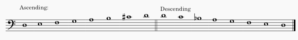 D minor melodic minor scale in bass clef - both ascending and descending scale.