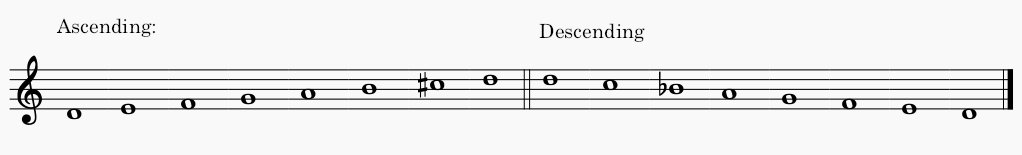 D minor melodic minor scale in treble clef - both ascending and descending scale.