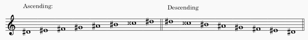 D# minor harmonic minor scale in treble clef - both ascending and descending scale.
