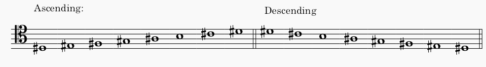 D# minor natural minor scale in tenor clef - both ascending and descending scale.
