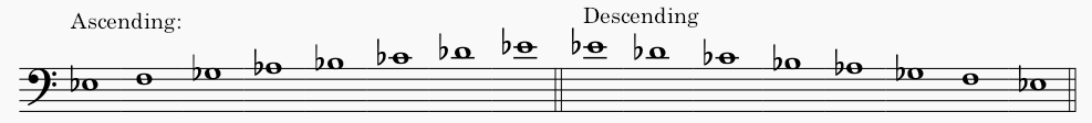 E♭ minor natural minor scale in bass clef - both ascending and descending scale.
