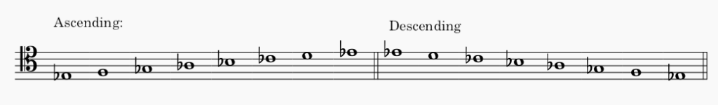 E♭ minor harmonic minor scale in tenor clef - both ascending and descending scale.