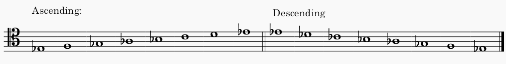 E♭ minor melodic minor scale in tenor clef - both ascending and descending scale.
