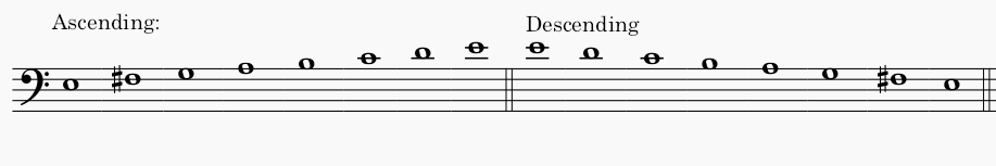 E minor natural minor scale in bass clef - both ascending and descending scale.
