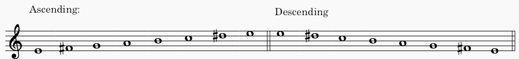 E minor harmonic minor scale in treble clef - both ascending and descending scale.
