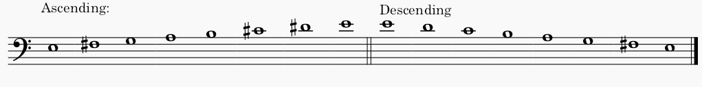 E minor melodic minor scale in bass clef - both ascending and descending scale.