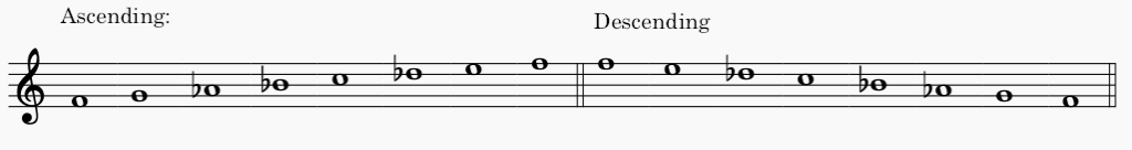F minor harmonic minor scale in treble clef - both ascending and descending scale.
