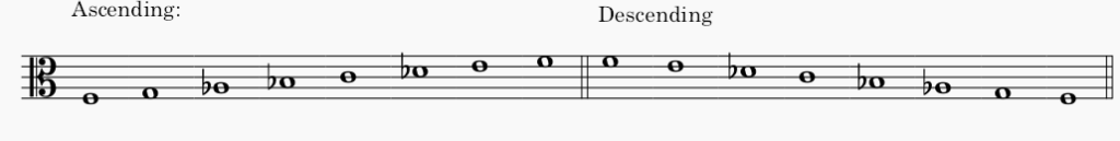 F minor harmonic minor scale in alto clef - both ascending and descending scale.
