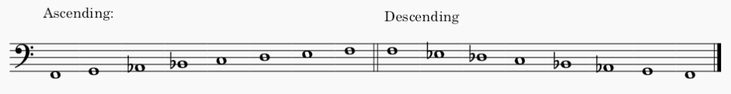 F minor melodic minor scale in bass clef - both ascending and descending scale.
