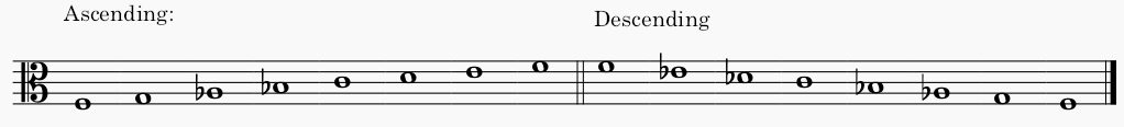 F minor melodic minor scale in alto clef - both ascending and descending scale.
