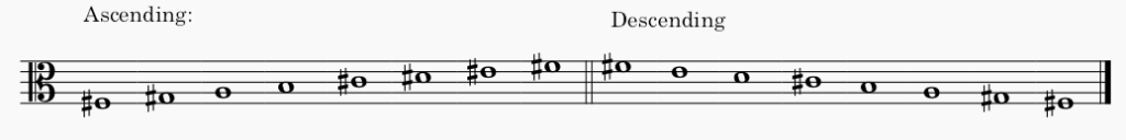 F# minor melodic minor scale in alto clef - both ascending and descending scale.
