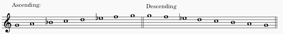 G minor natural minor scale in treble clef - both ascending and descending scale.
