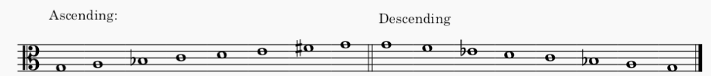 G minor melodic minor scale in alto clef - both ascending and descending scale.
