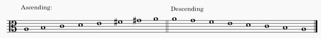 A minor melodic minor scale in alto clef - both ascending and descending scale.
