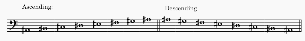 A# minor natural minor scale in bass clef - both ascending and descending scale.
