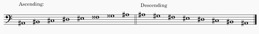 A# minor melodic minor scale in bass clef - both ascending and descending scale.
