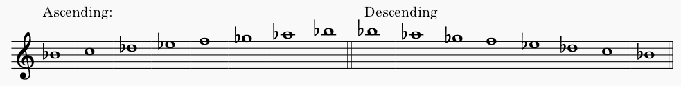 B♭ minor natural minor scale in treble clef - both ascending and descending scale.
