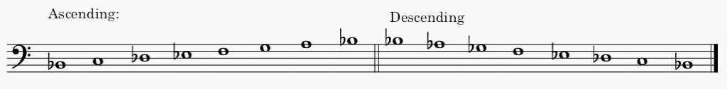 B♭ minor melodic minor scale in bass clef - both ascending and descending scale.
