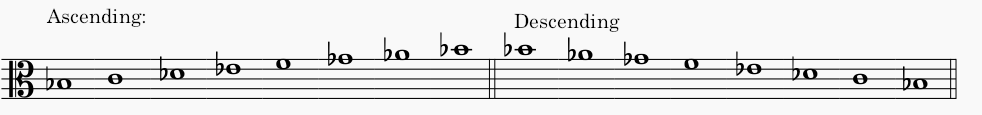 B♭ minor natural minor scale in alto clef - both ascending and descending scale.
