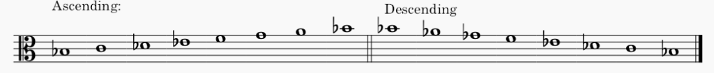B♭ minor melodic minor scale in alto clef - both ascending and descending scale.
