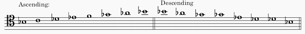 B♭ minor natural minor scale in tenor clef - both ascending and descending scale.
