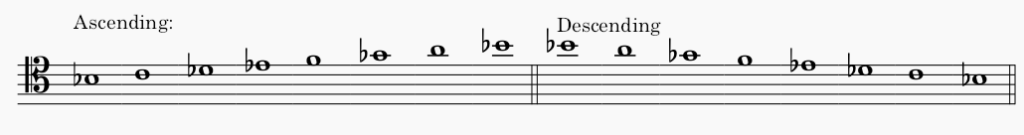 B♭ minor harmonic minor scale in tenor clef - both ascending and descending scale.
