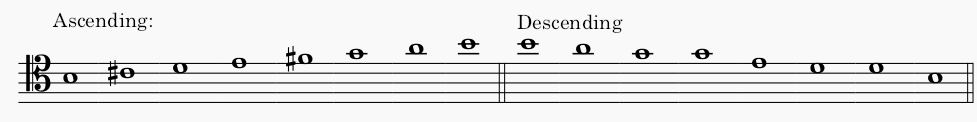 B minor natural minor scale in bastenors clef - both ascending and descending scale.
