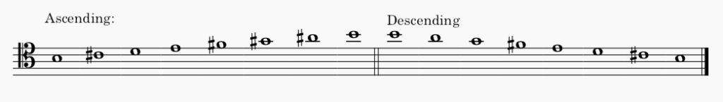 B minor melodic minor scale in tenor clef - both ascending and descending scale.